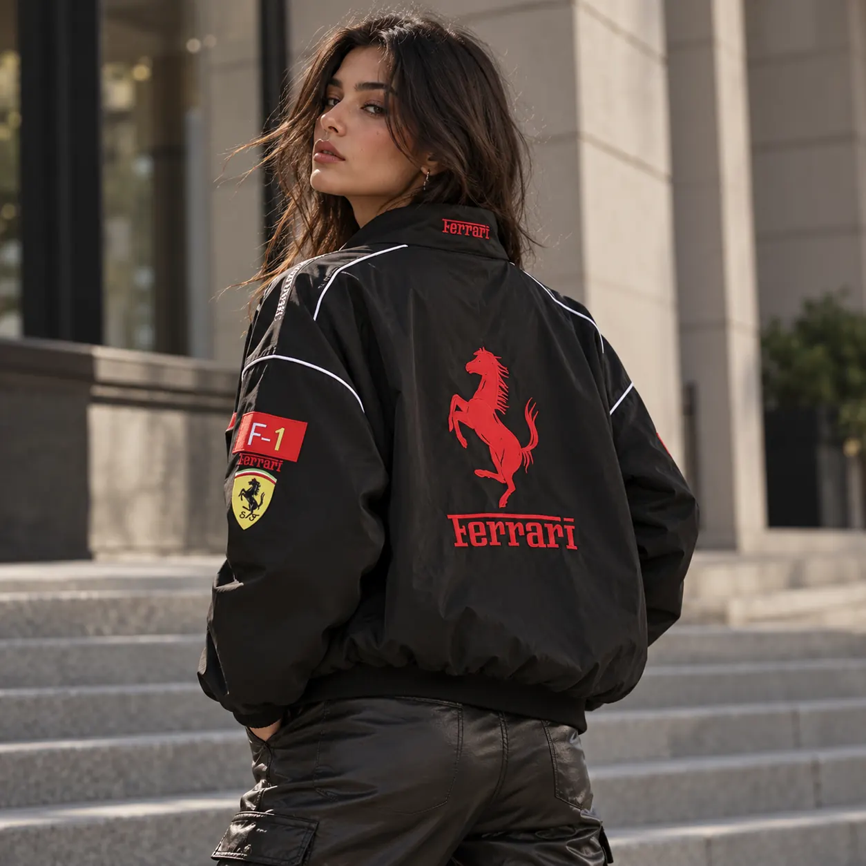 Back view of the black Ferrari racing jacket with red prancing horse