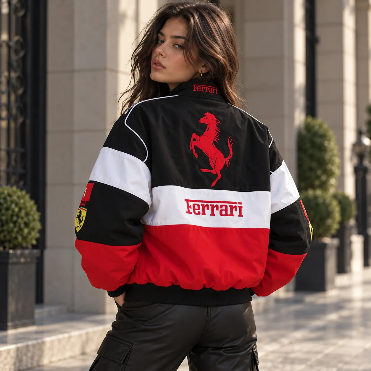 Back view of a woman wearing the white, red and black Ferrari racing jacket