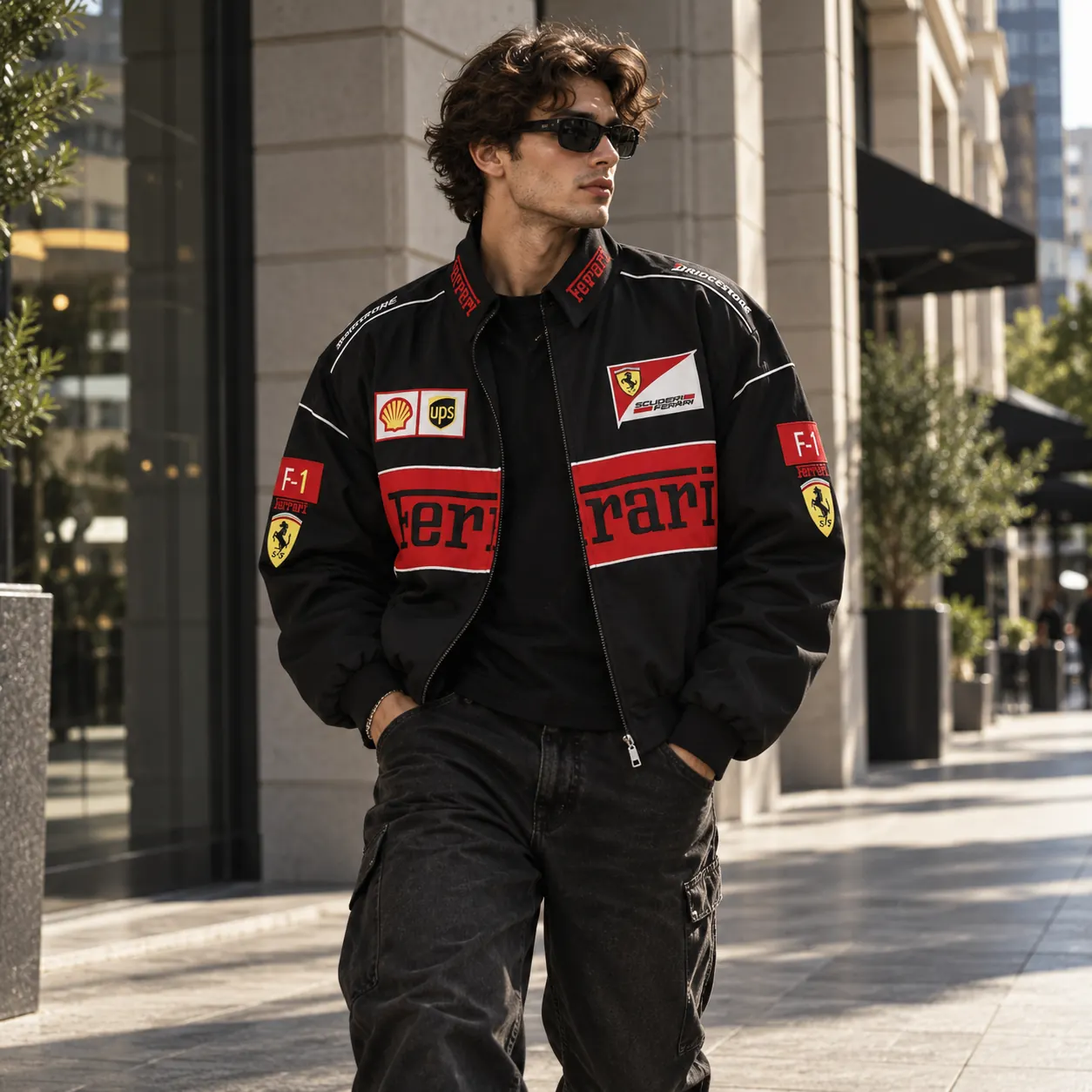 Man in the black Ferrari racing jacket on a city street