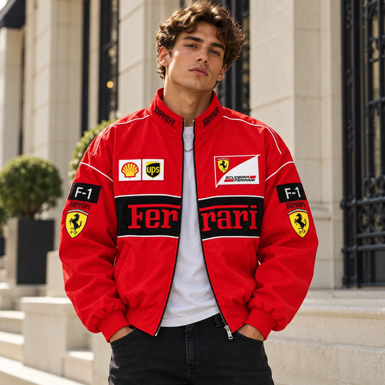 Man wearing the red Ferrari racing jacket
