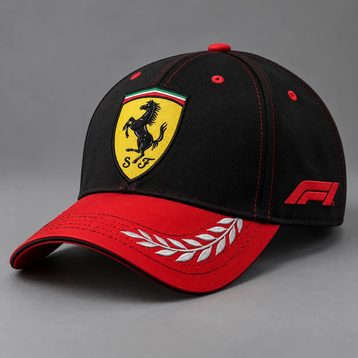 Black and red F1 racing cap with embroidered shield, product shot