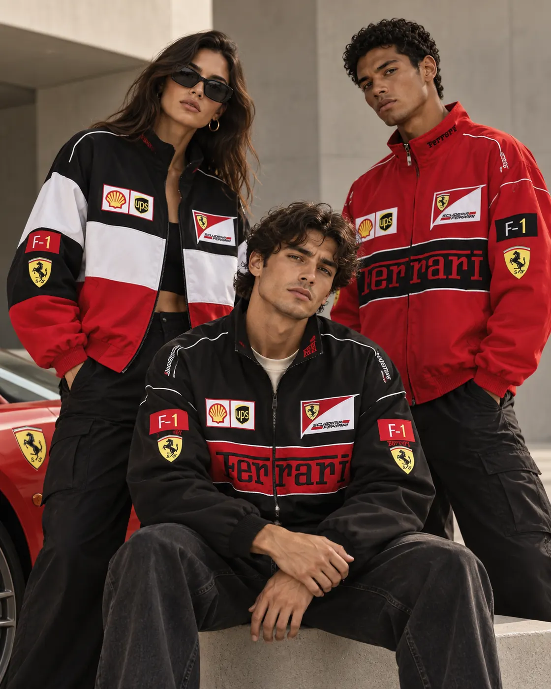 Three models wearing the black, white and red Scuderia Line jackets in front of a red sports car