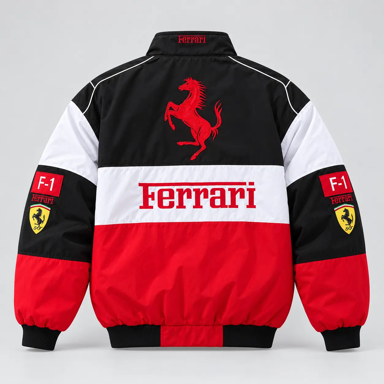 White, red and black Ferrari racing jacket, back view