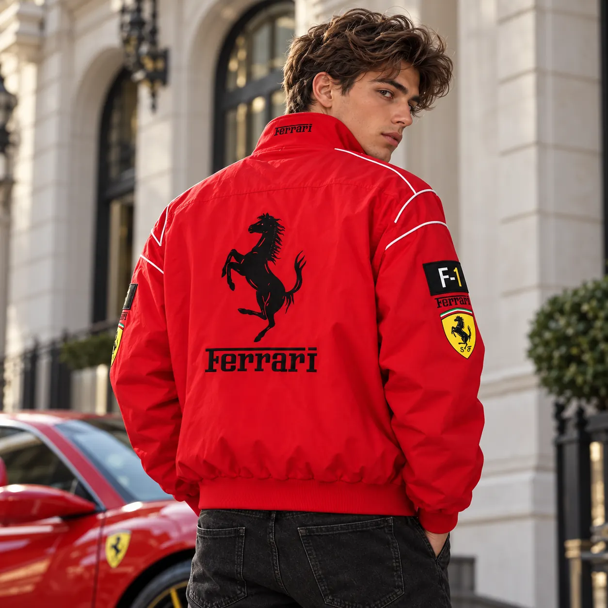 Back view of a man wearing the red Ferrari racing jacket