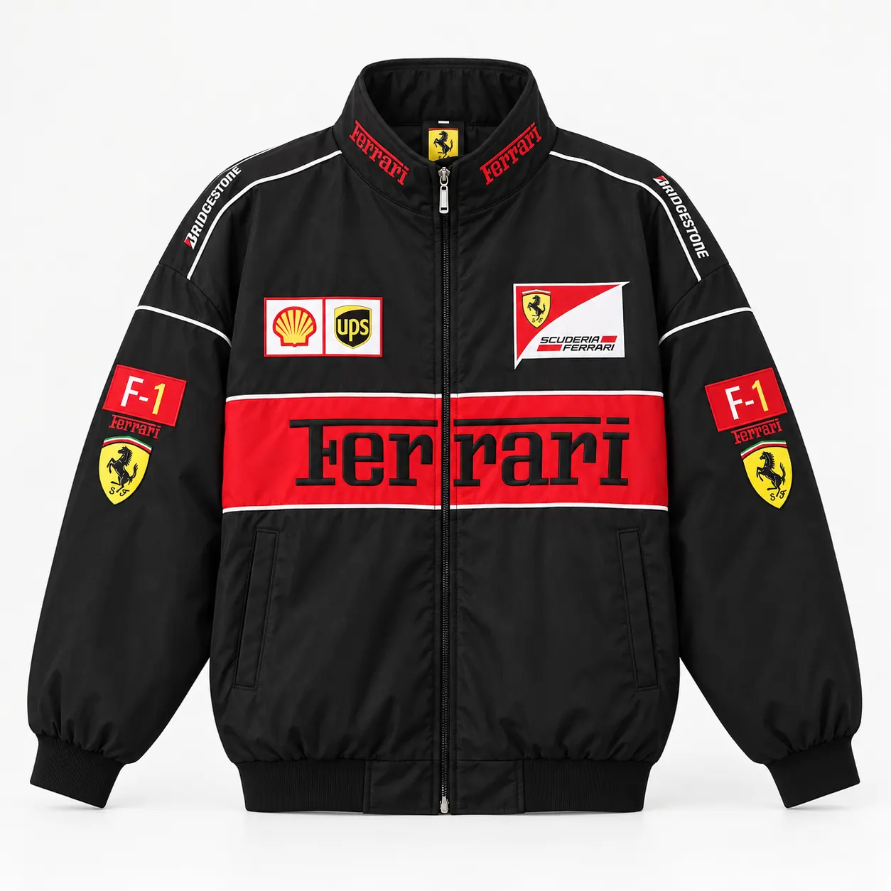 Black Ferrari racing jacket, front view
