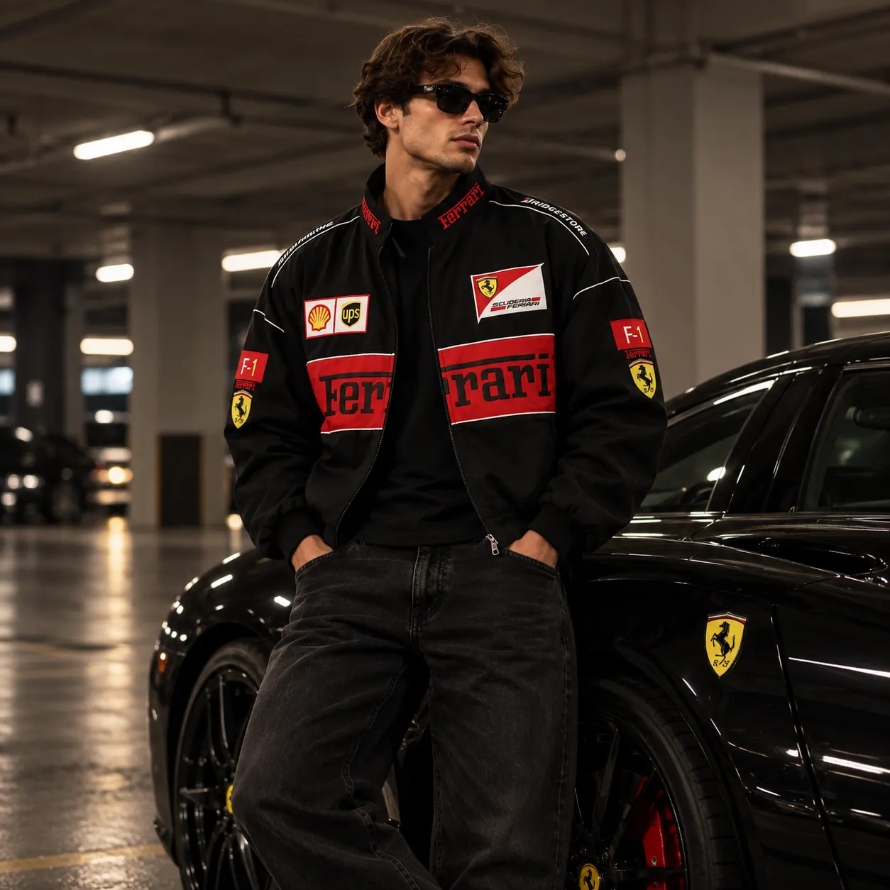 Man in the black Ferrari racing jacket leaning on a car in a garage