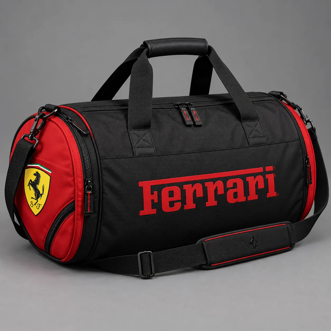 Black and red Ferrari weekend duffel bag