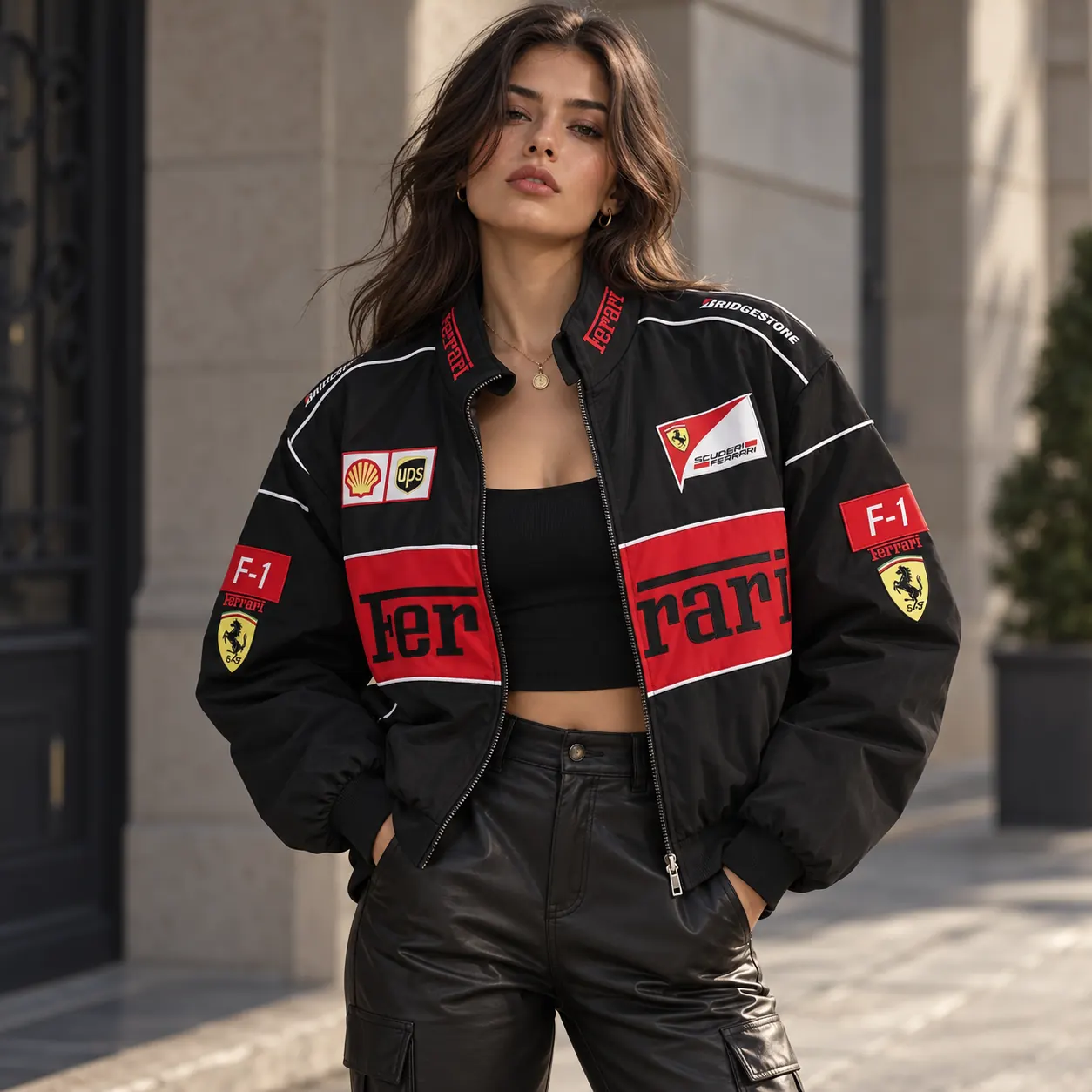 Woman wearing the black Ferrari racing jacket
