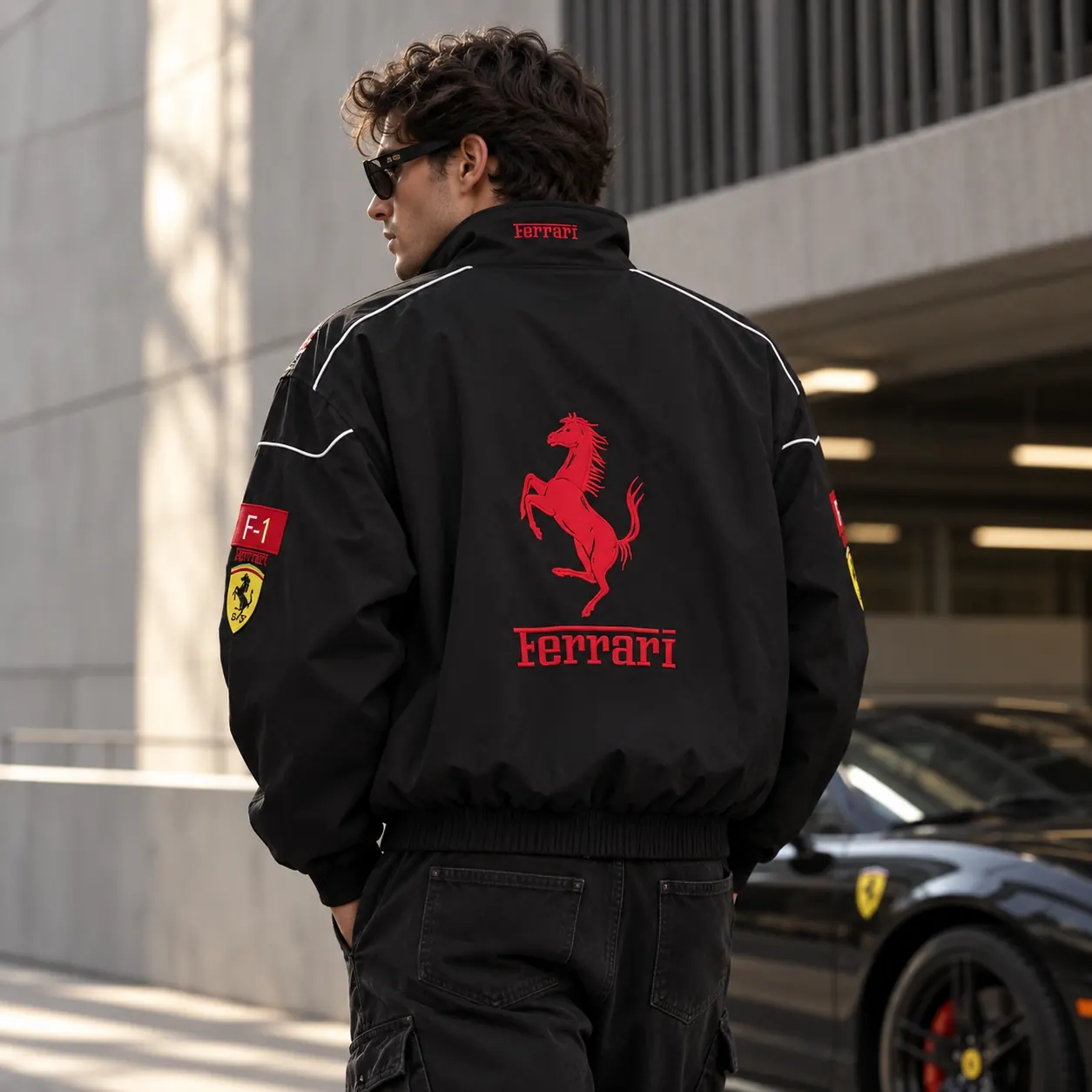 Back view of a man wearing the black Ferrari racing jacket