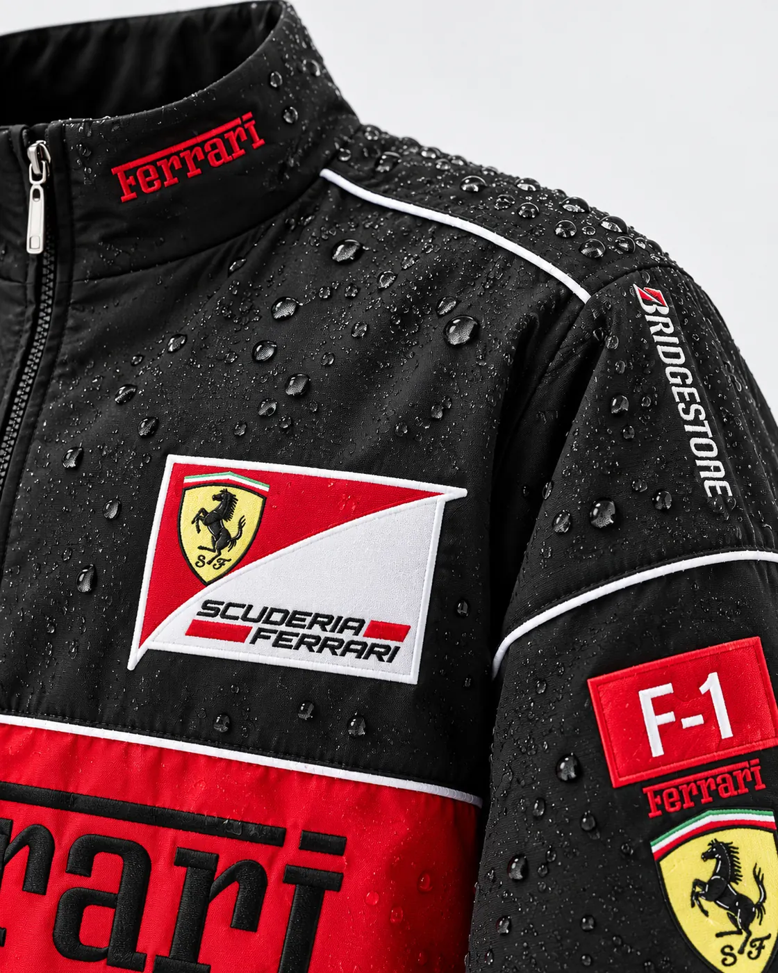 Water droplets beading on the jacket's water-resistant shell