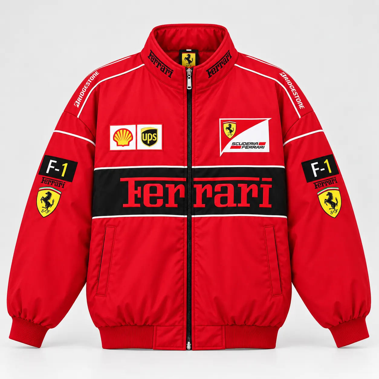 Red Ferrari racing jacket, front view