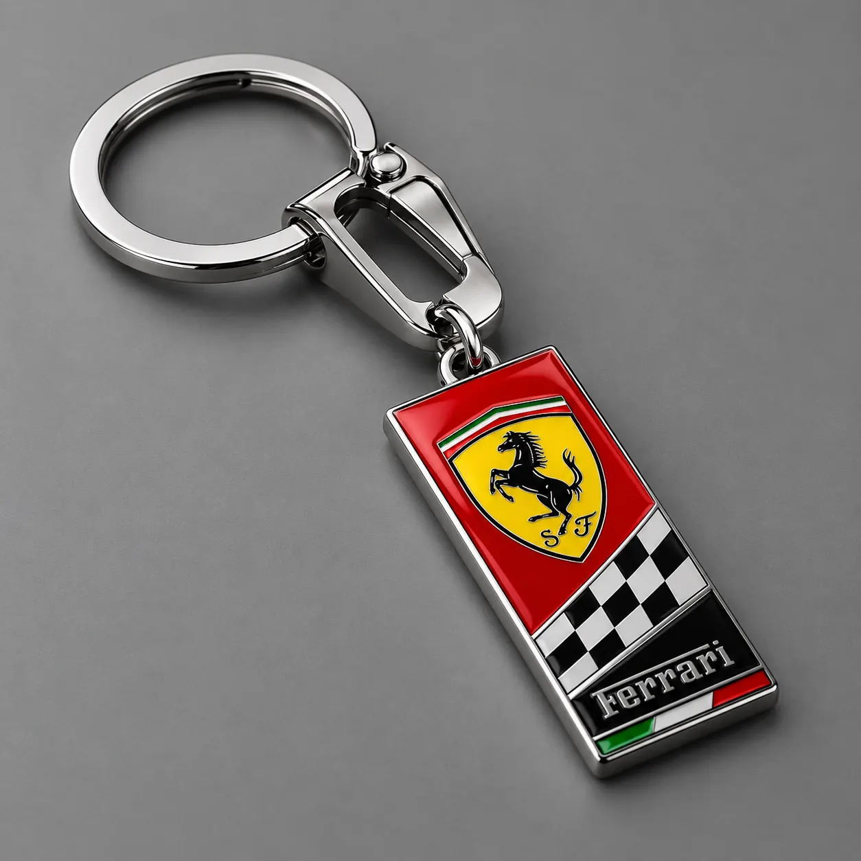 Metal Ferrari keychain with enamel shield and checkered flag detail
