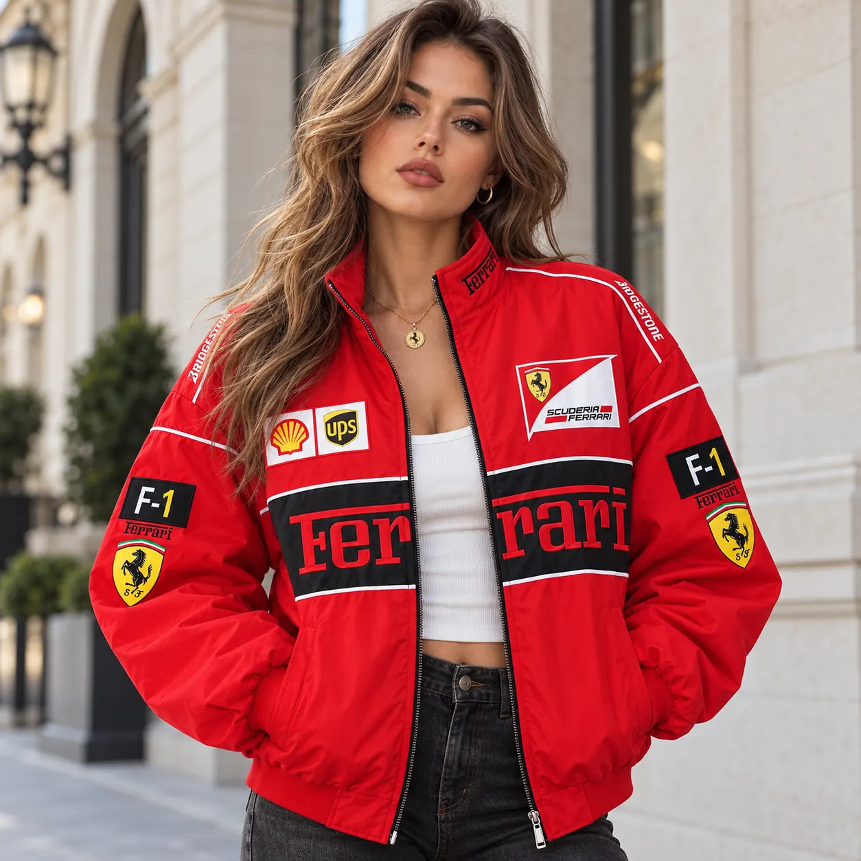 Woman wearing the red Ferrari racing jacket