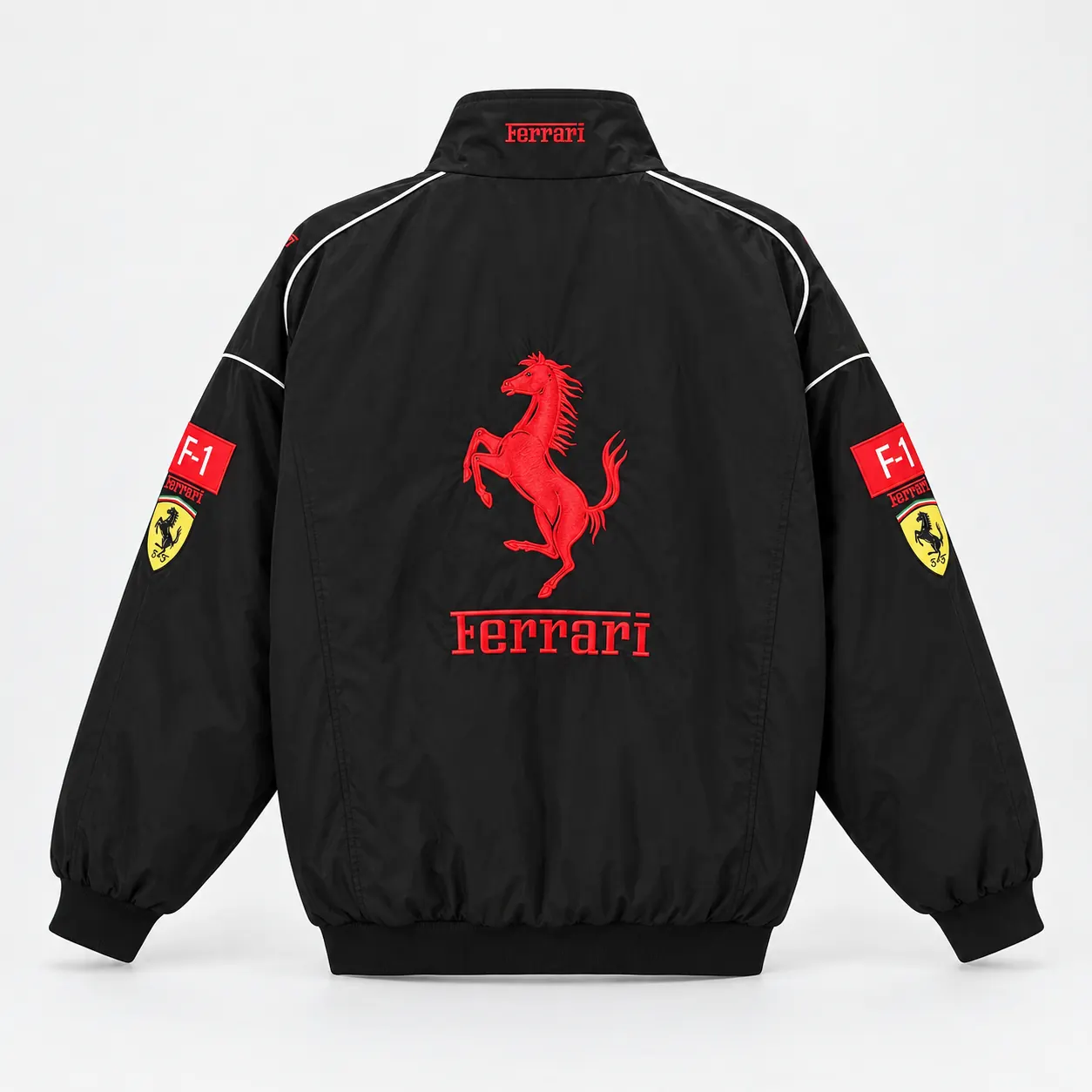 Black Ferrari racing jacket, back view