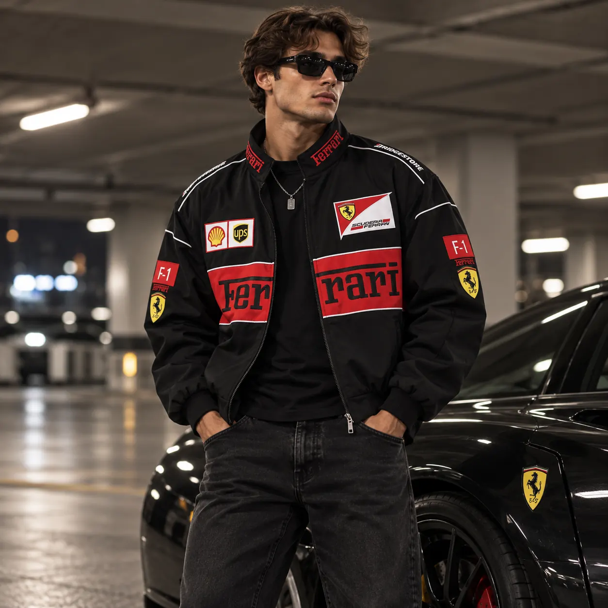 Man wearing the black Ferrari racing jacket in a garage