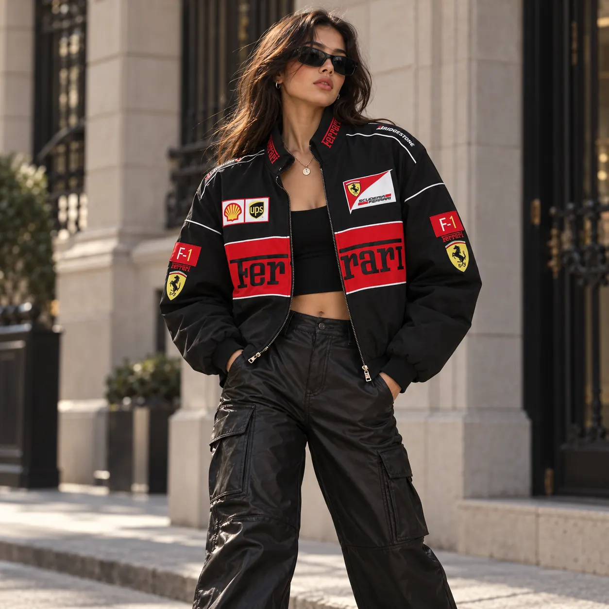 Woman wearing the black Ferrari racing jacket open over a black top
