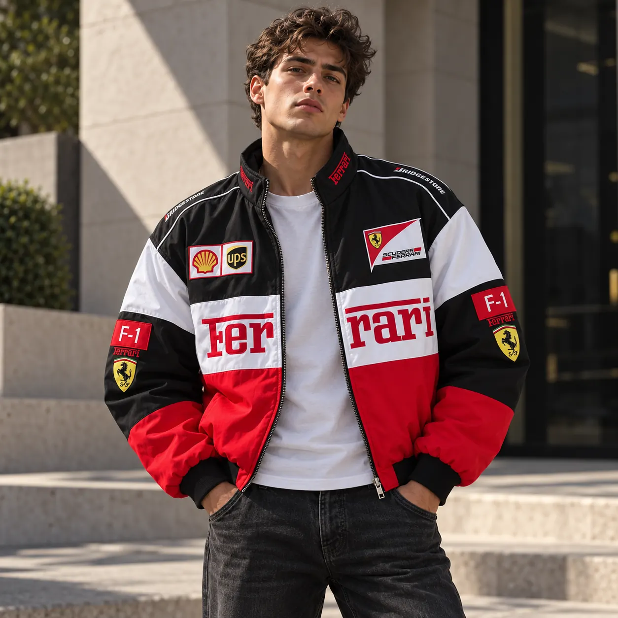 Man wearing the white, red and black Ferrari racing jacket