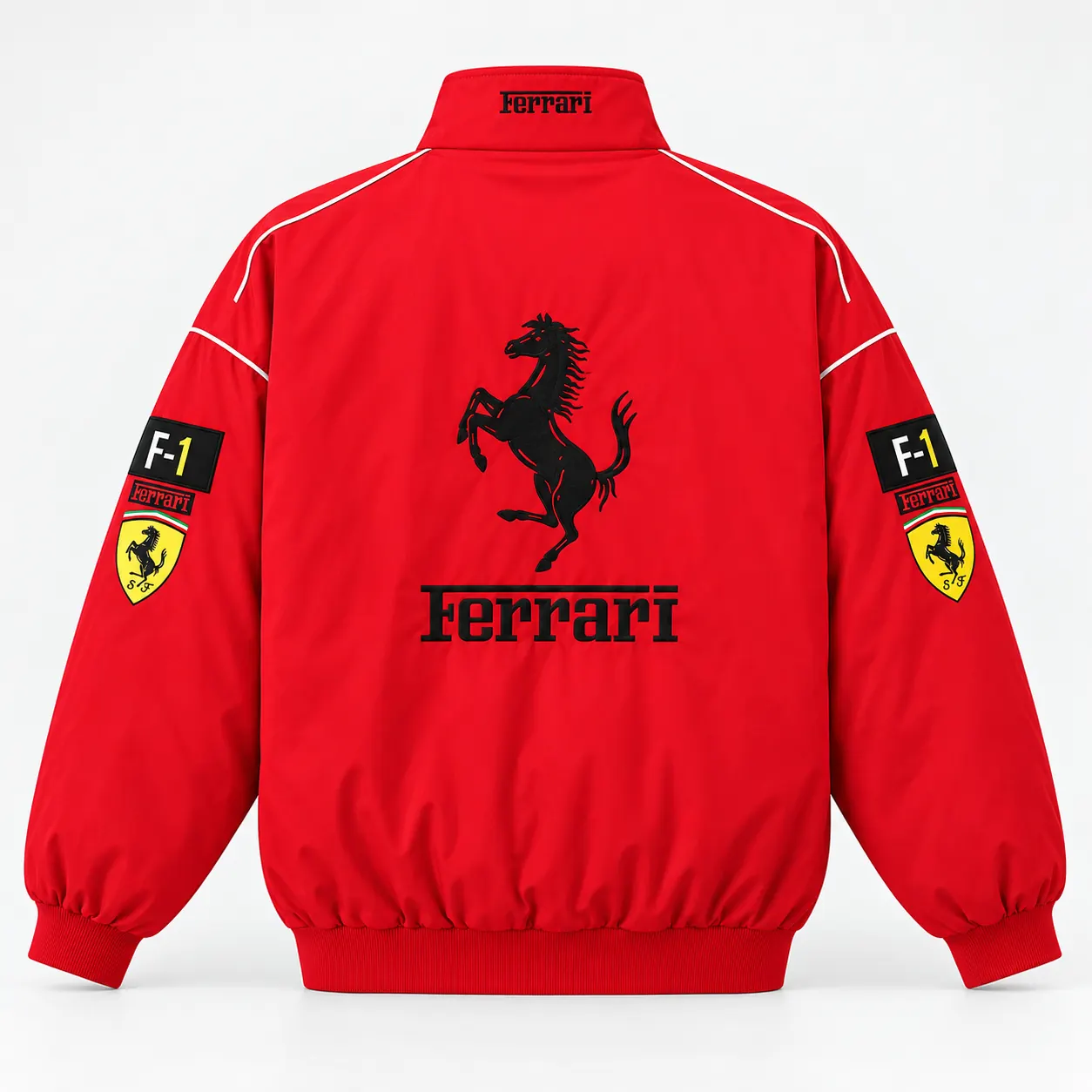 Red Ferrari racing jacket, back view